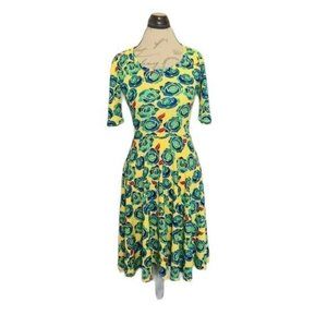 Lularoe Floral Fit Flared Dress XS Yellow Blue Short Sleeve Scoop Neck Mid